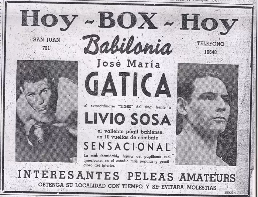 El anuncio del combate del Mono Gatica el 1948 para enfrentarse con el bahiense Livio Sosa