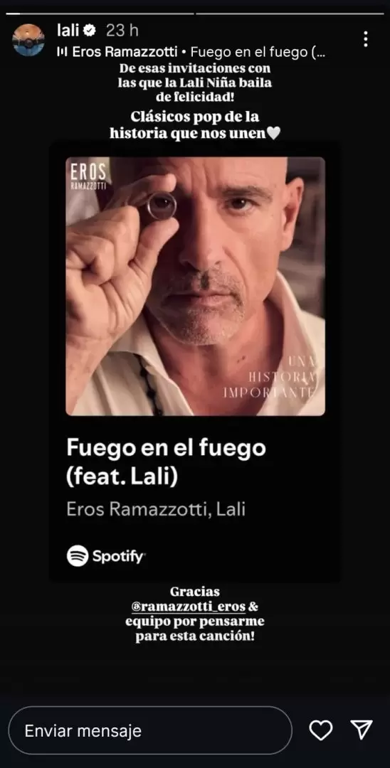 Lali le dedic� un mensaje a Eros Ramazzotti a trav�s de las redes