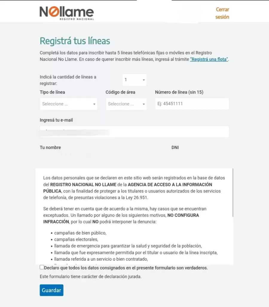 Registro No llame