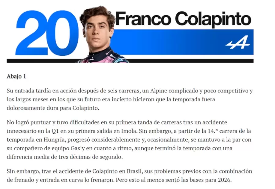 La explicaci�n del reconocido medio sobre la temporada de Colapinto.