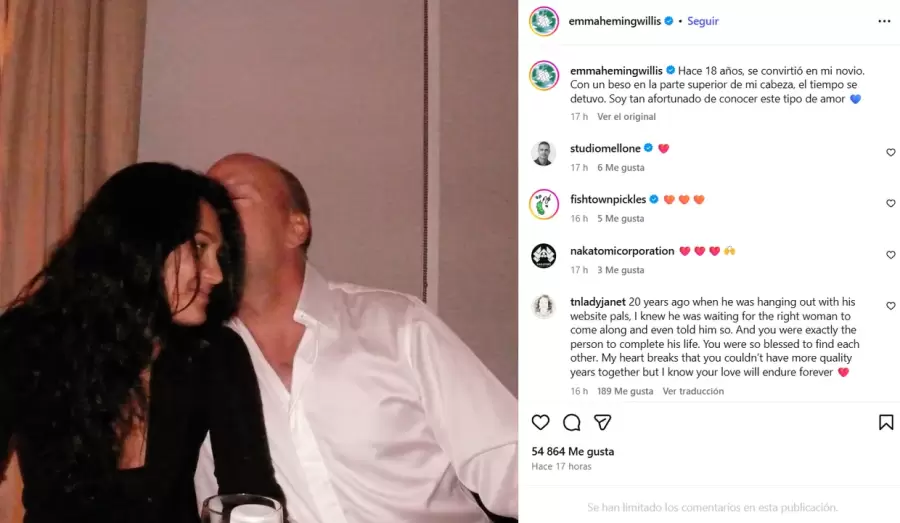 Emma Heming celebró su aniversario con Bruce Willis compartiendo una foto inédita y un mensaje de amor incondicional.