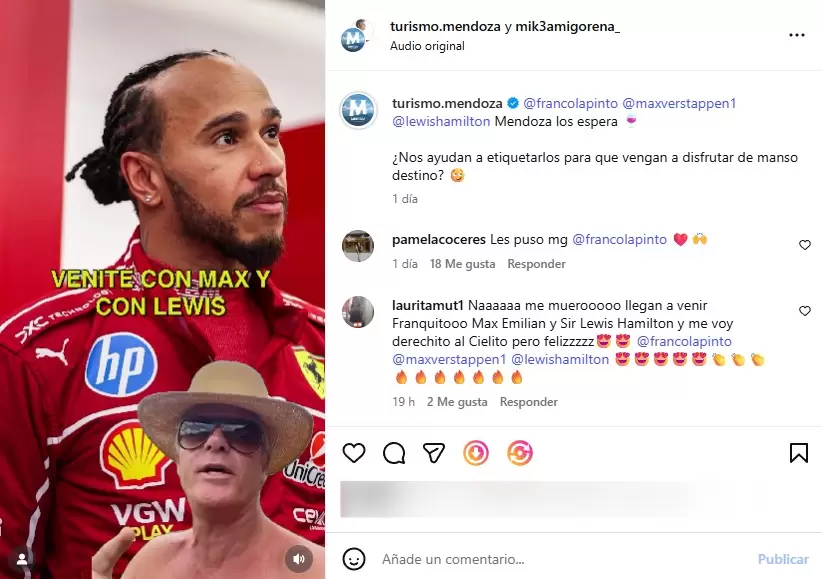 Mendoza invit� a Colapinto, Verstappen y Hamilton a visitar la provincia/ Fuente: Captura de Instagram