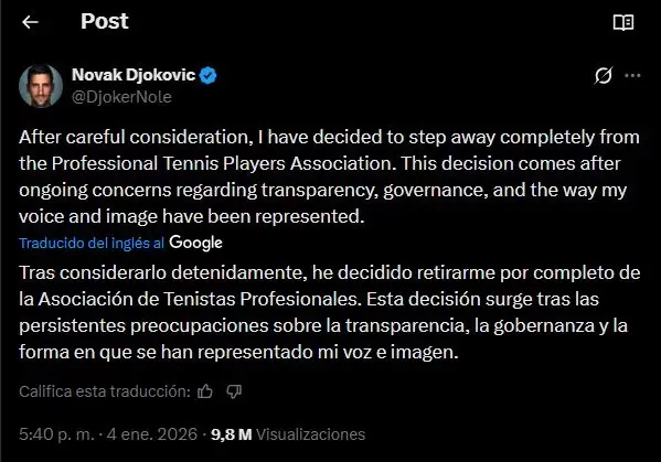 El posteo de Novak Djokovic.