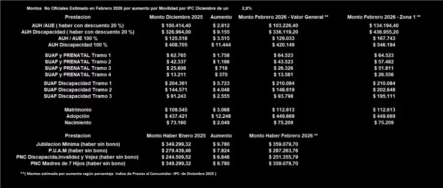 La tabla muestra la comparaci�n entre montos anteriores y los que se ver�n en febrero de 2026