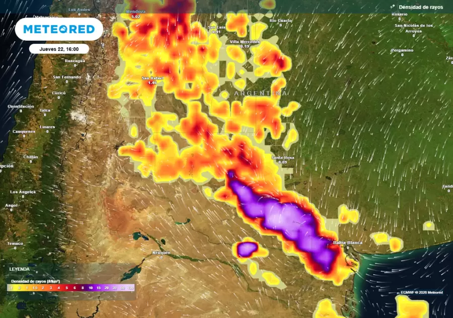 Pron�stico de actividad el�ctrica (densidad de rayos) para la tarde del jueves seg�n el modelo ECMWF.