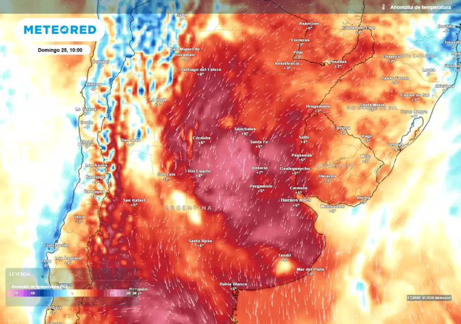 Desv�o de temperatura previsto para el domingo seg�n el modelo ECMWF.