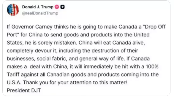 "China se comer� vivo a Canad�, lo devorar� por completo...", declaraciones de Trump en su cuenta Truth Social.