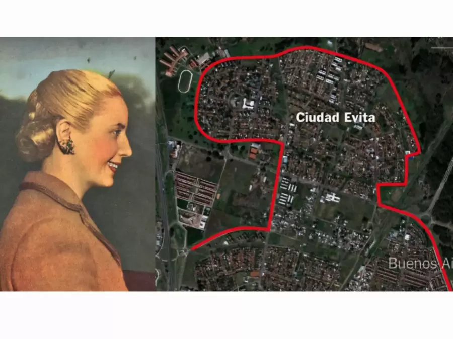 El perfil de Eva Duarte, y la silueta del barrio. �Homenaje?