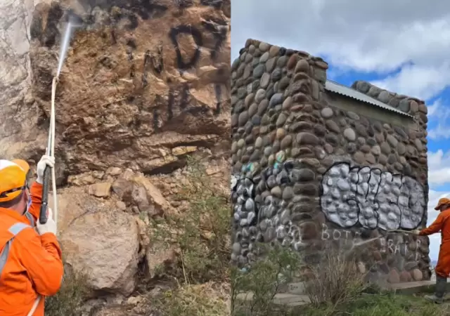 Restauraci�n en altura: Integrantes de ProMonta�a utilizan equipos de hidroarenado para remover aerosoles en la precordillera.